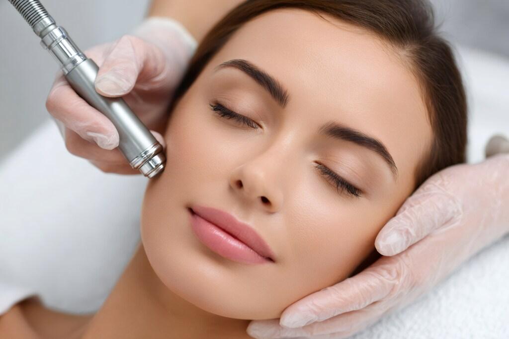 Mulher com olhos fechados recebendo tratamento estético facial com aparelho de tecnologia avançada, aplicado por profissional com luvas, focado em firmeza e rejuvenescimento da pele do rosto.