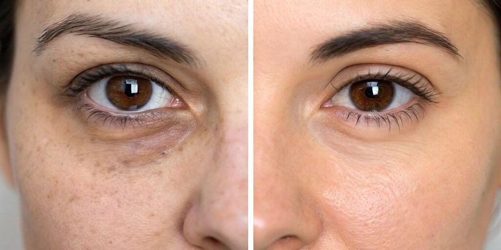 Resultado de tratamento estético para olheiras antes e depois mostrando melhora na aparência da região dos olhos