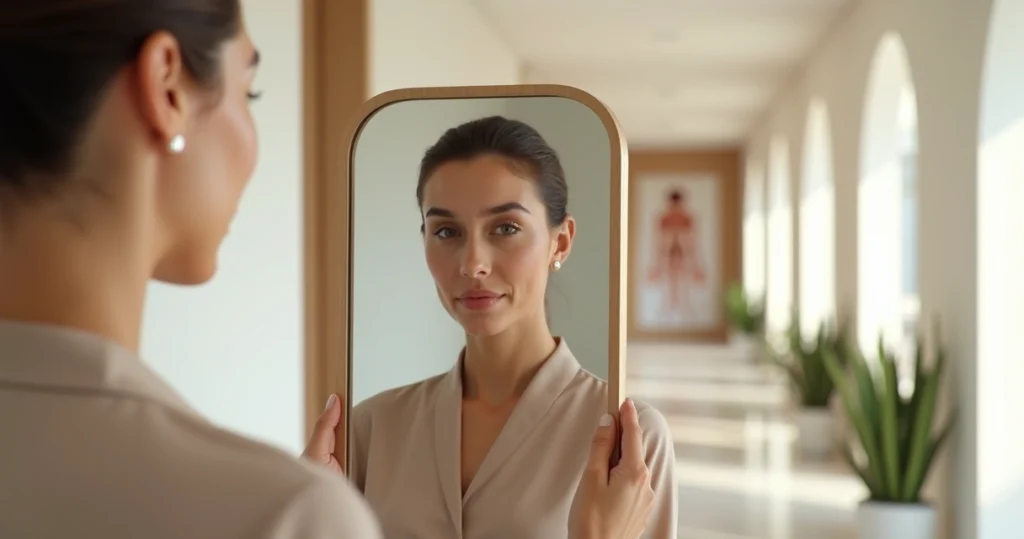 Mulher segura espelho comparando rosto natural e possível excesso de preenchimento facial