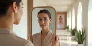 Mulher segura espelho comparando rosto natural e possível excesso de preenchimento facial