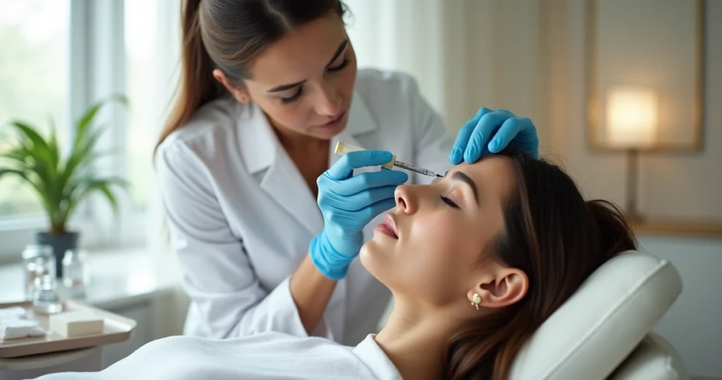 Profissional aplicando toxina botulínica na testa de uma paciente em clínica moderna