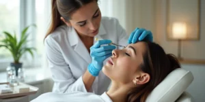 Profissional aplicando toxina botulínica na testa de uma paciente em clínica moderna