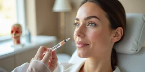 Rosto feminino com pele jovem em consultório estético com foco em cuidado natural