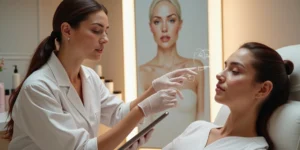 Profissional analisa rosto de paciente antes da aplicação de botox