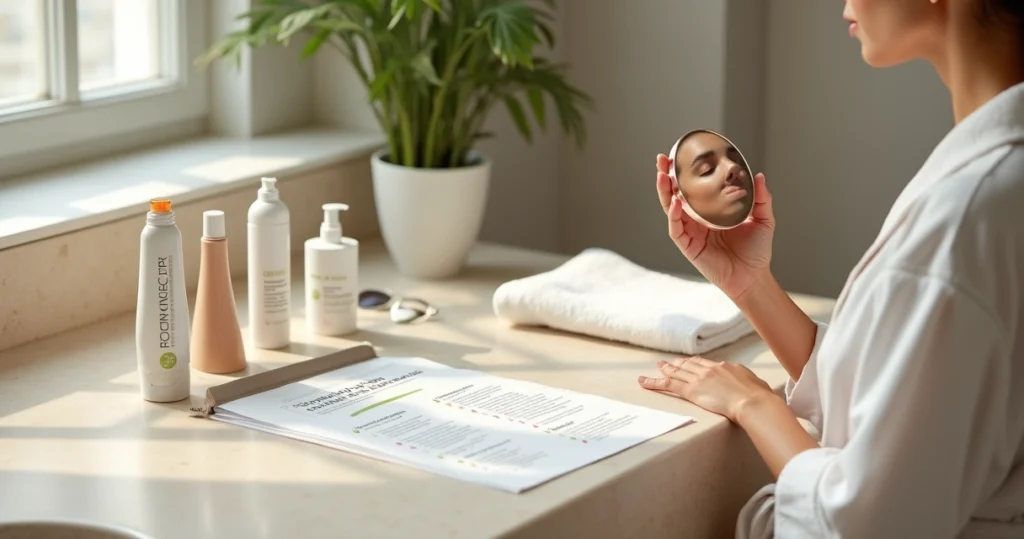 Tabela organizada com produtos de cuidados faciais e guia de pós-procedimento ao lado de uma mulher olhando o rosto no pequeno espelho de bolso