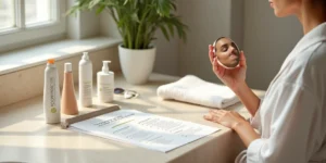 Tabela organizada com produtos de cuidados faciais e guia de pós-procedimento ao lado de uma mulher olhando o rosto no pequeno espelho de bolso