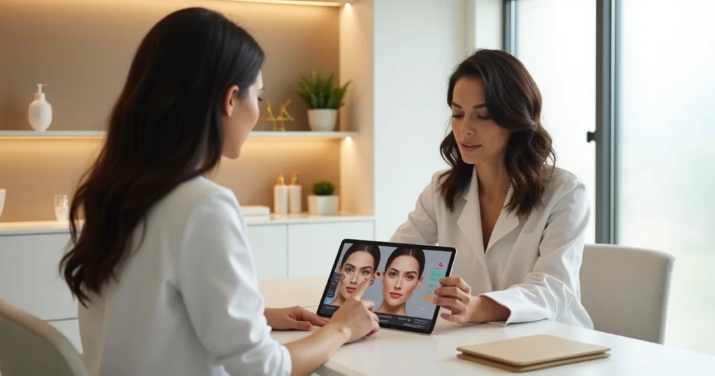 Profissional segura tablet mostrando mapa facial colorido a uma paciente sentada na clínica