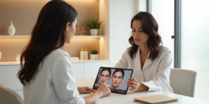 Profissional segura tablet mostrando mapa facial colorido a uma paciente sentada na clínica