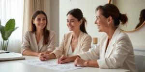 Mulheres de idades diferentes conversam sobre botox em consultório de estética moderno