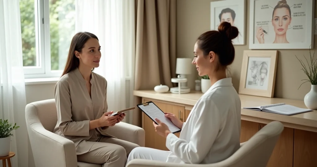 Paciente conversando com profissional de estética em primeira consulta em clínica aconchegante