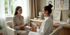 Paciente conversando com profissional de estética em primeira consulta em clínica aconchegante
