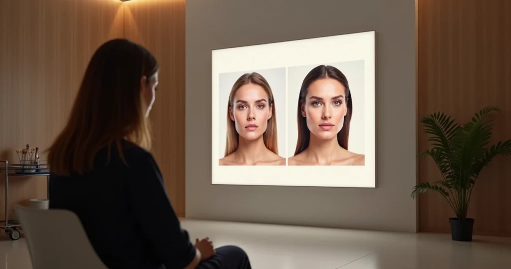 Comparação de rosto harmonizado exagerado e natural em painel de fotos de clínica estética