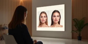 Comparação de rosto harmonizado exagerado e natural em painel de fotos de clínica estética