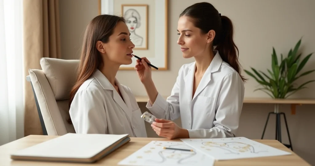 Profissional traça marcas suaves no rosto de paciente enquanto estuda diagrama facial impresso