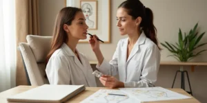 Profissional traça marcas suaves no rosto de paciente enquanto estuda diagrama facial impresso
