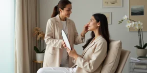 Profissional de estética avalia rosto de paciente usando espelho em clínica clara