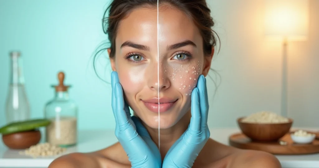 Rosto feminino dividido entre lado com peeling químico e lado com peeling físico