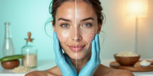 Rosto feminino dividido entre lado com peeling químico e lado com peeling físico