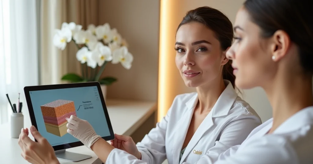 Médica avaliando pele do rosto de paciente em consulta de bioestimulador facial