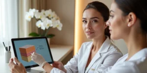 Médica avaliando pele do rosto de paciente em consulta de bioestimulador facial