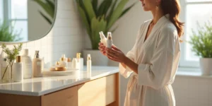 Mulher de cerca de 40 anos escolhe produtos de pele em bancada bem iluminada