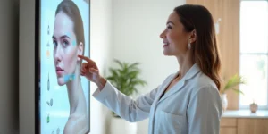 Dermatologista demonstra combinaçao de técnicas faciais em tela com rosto feminino natural