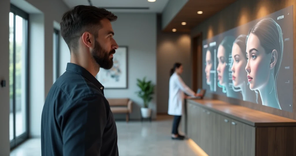 Homem em clínica observando simulações de harmonização facial masculina em tela digital