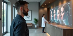 Homem em clínica observando simulações de harmonização facial masculina em tela digital