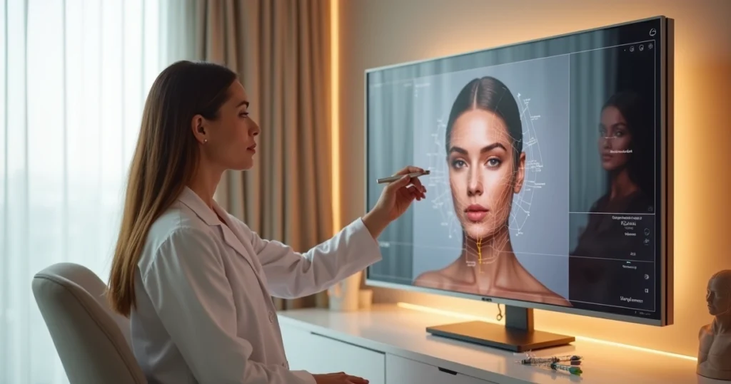 Profissional analisa rosto de paciente em tela com mapa facial digital na clínica