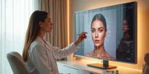 Profissional analisa rosto de paciente em tela com mapa facial digital na clínica