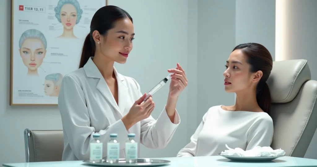 Médica segurando seringa com ácido polilático ao lado de modelo com pele firme e natural