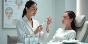 Médica segurando seringa com ácido polilático ao lado de modelo com pele firme e natural
