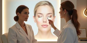 Médica aponta áreas específicas do rosto pouco tratadas em painel iluminado