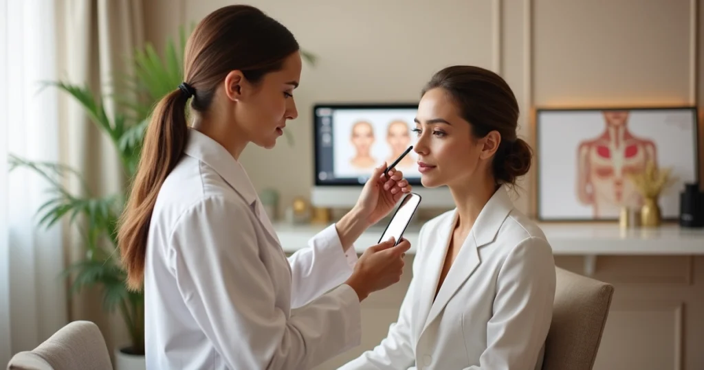 Profissional examinando detalhes do rosto de paciente após botox com foco em segurança