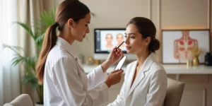 Profissional examinando detalhes do rosto de paciente após botox com foco em segurança
