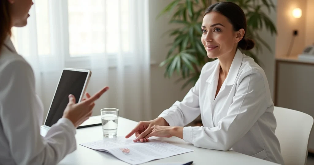 Paciente em consulta recebendo orientações sobre cuidados com bioestimulador facial
