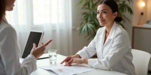 Paciente em consulta recebendo orientações sobre cuidados com bioestimulador facial