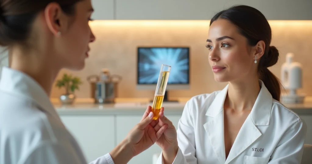 Profissional segura tubo de plasma puro ao lado de paciente com pele natural em consultório de alto padrão