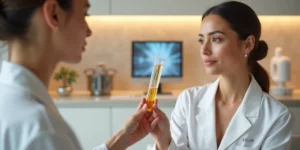 Profissional segura tubo de plasma puro ao lado de paciente com pele natural em consultório de alto padrão