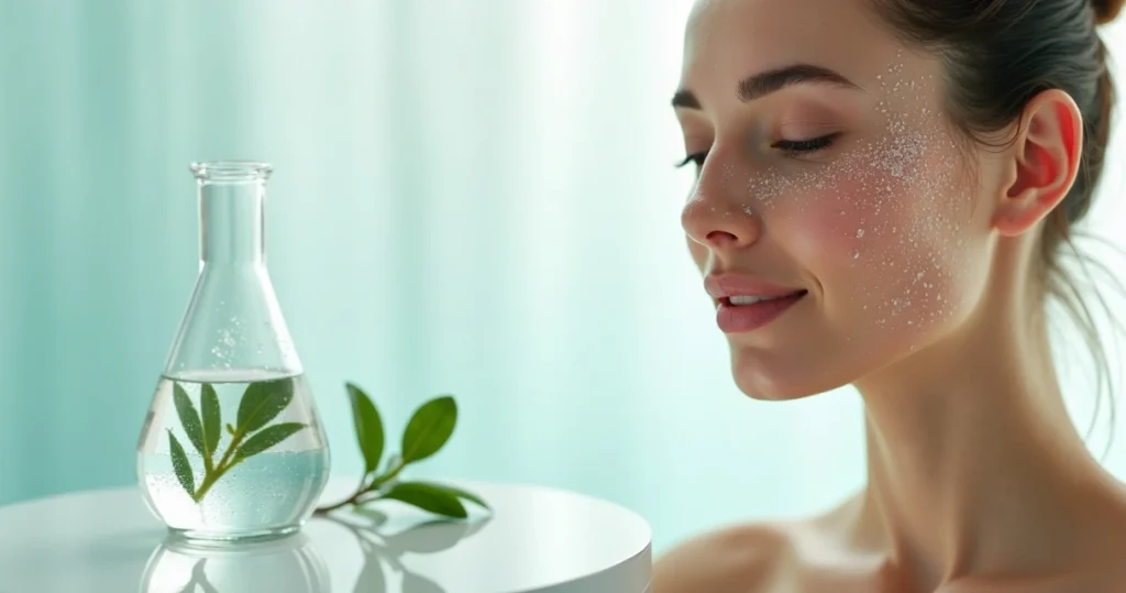 Close-up de rosto feminino recebendo spray de água no rosto com pele hidratada e saudável