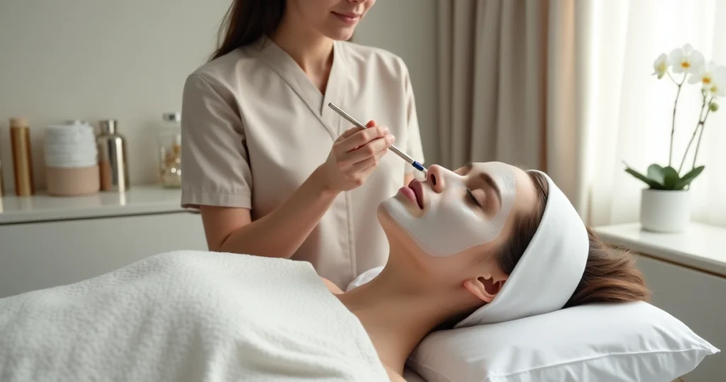 Paciente relaxa em maca enquanto profissional aplica máscara facial em clínica de estética de alto padrão