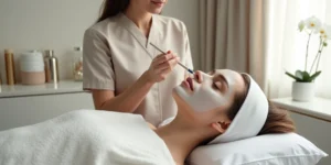Paciente relaxa em maca enquanto profissional aplica máscara facial em clínica de estética de alto padrão