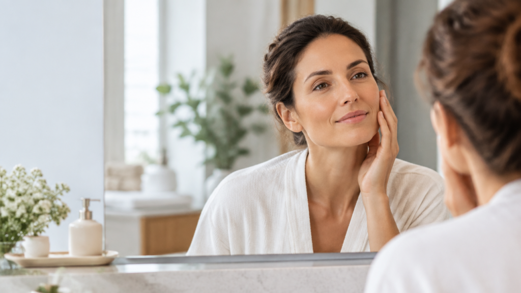 Mulher adulta observando o rosto no espelho durante uma rotina de cuidados para preservar resultados de lifting facial sem cirurgia.