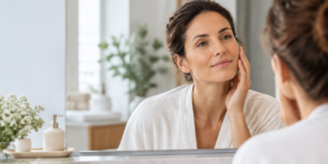 Mulher adulta observando o rosto no espelho durante uma rotina de cuidados para preservar resultados de lifting facial sem cirurgia.