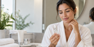 Mulher avalia produtos de skincare diante do espelho, ilustrando uma rotina facial personalizada com ácidos.
