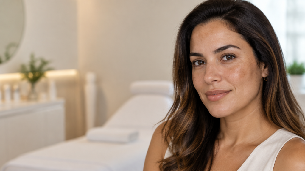 Mulher com hiperpigmentação facial discreta em retrato natural para ilustrar opções de cuidado sem laser