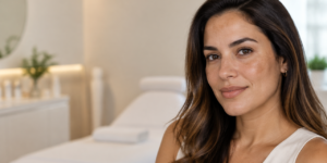 Mulher com hiperpigmentação facial discreta em retrato natural para ilustrar opções de cuidado sem laser