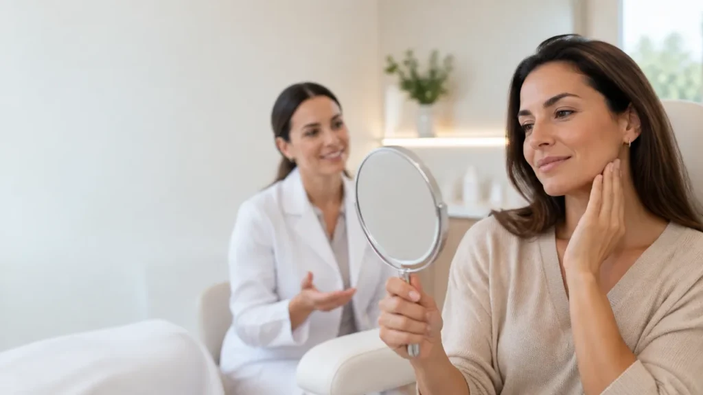 Mulher em consulta estética observa o rosto no espelho em um consultório claro e acolhedor
