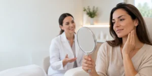 Mulher em consulta estética observa o rosto no espelho em um consultório claro e acolhedor