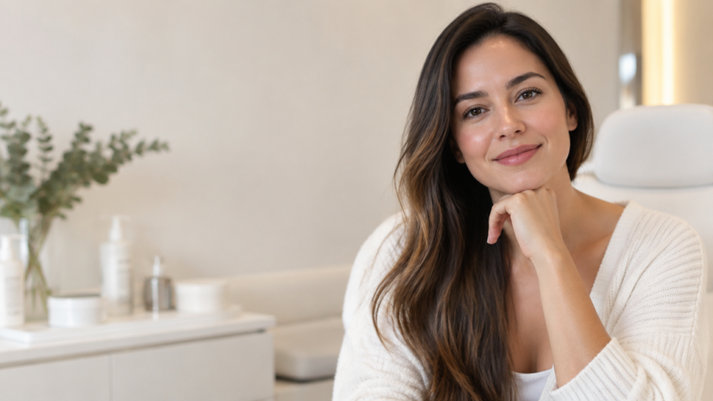 Mulher no pós-gestação em uma clínica estética clara, representando cuidado facial individualizado e natural
